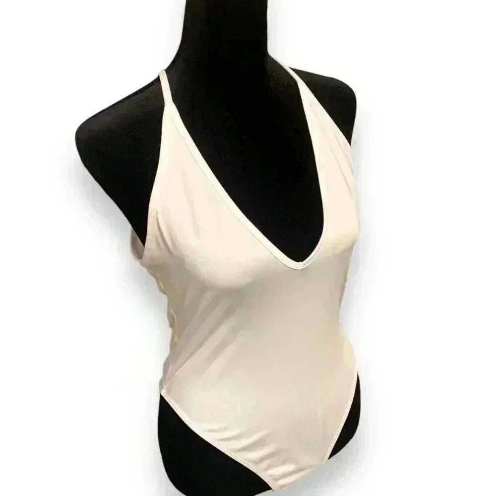 NWOT Shein Plunging Scoop Neckline Sleeveless Stretchy Casual White Bodysuit - Picture 5 of 10